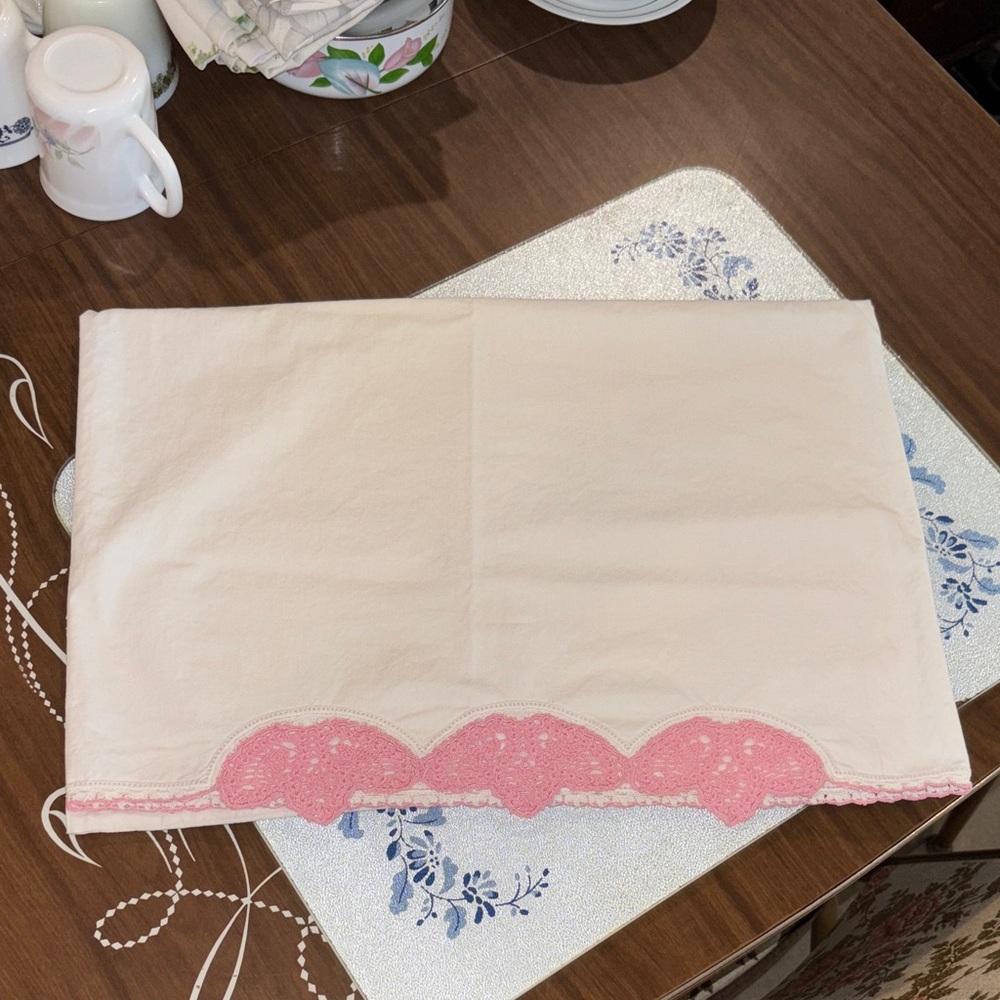 Vintage Cream Pillowcase with Pink Lace Trim